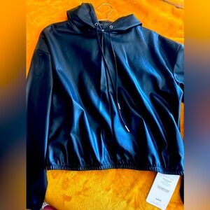 Fabletics Sz Medium VEGAN LEATHER HOODIE Black relaxed fit Retails $90 Sold out!